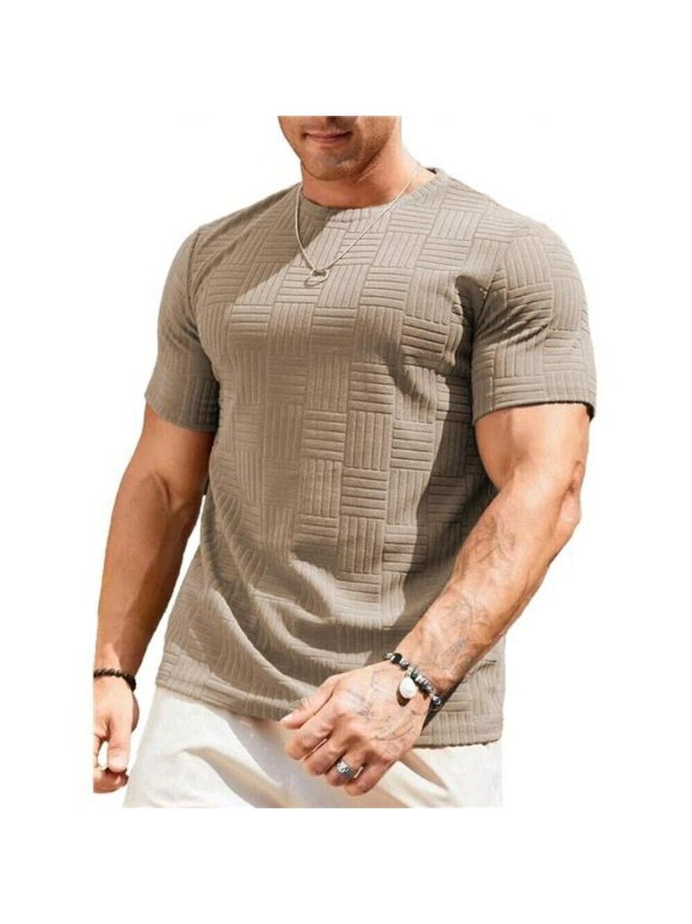 Mens Textured Crewneck T Shirt Slim Fit Short Sleeve Summer Casual Tee Top